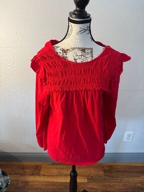 J. Crew Red Smocked Ruffle Neck Blouse